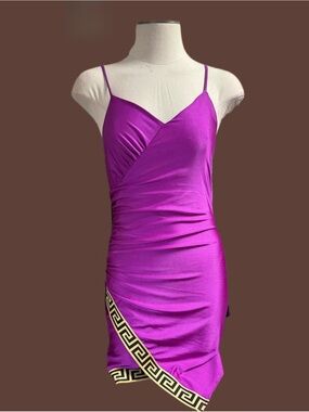 Women's Magenta Ruched Slip Mini Dress with Geometric Trim